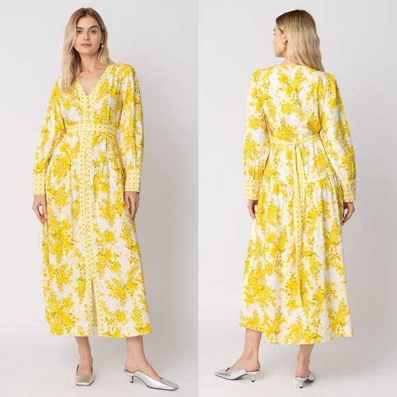 Raishma NWT Yellow Floral Aaliyah Button Front Midi Dress Resort Wear Coastal - Picture 1 of 11